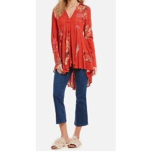 Free People Field Of Butterflies Printed Hi-Low Collared Poppy Red Swing Tunic j